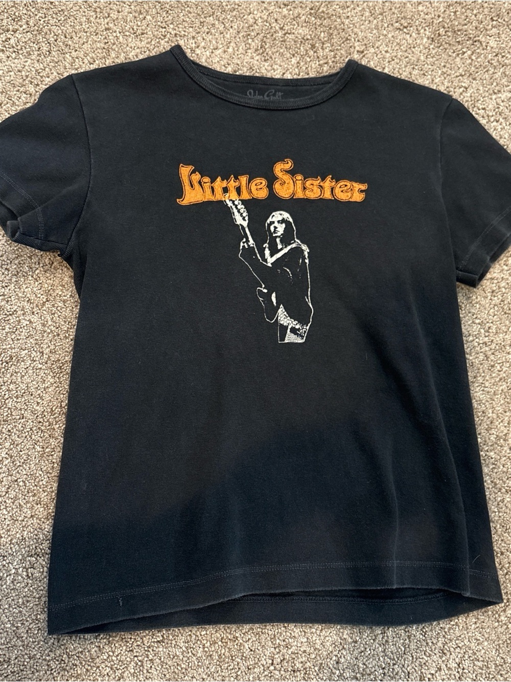 Brandy Melville Black Tee with Orange "Little Sister" Graphic